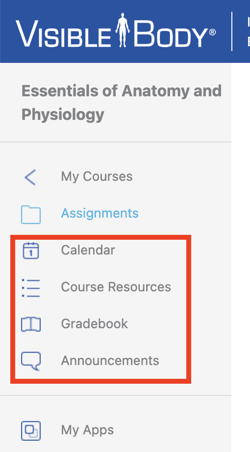 Visible Body sidebar with the Calendar, Course Resources, Gradebook, and Announcements highlighted.