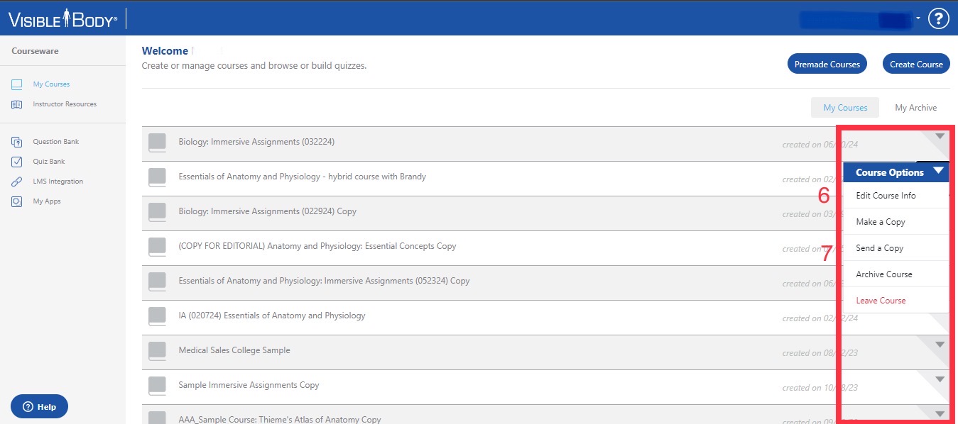 Courseware dashboard with Course Options menu highlighted.