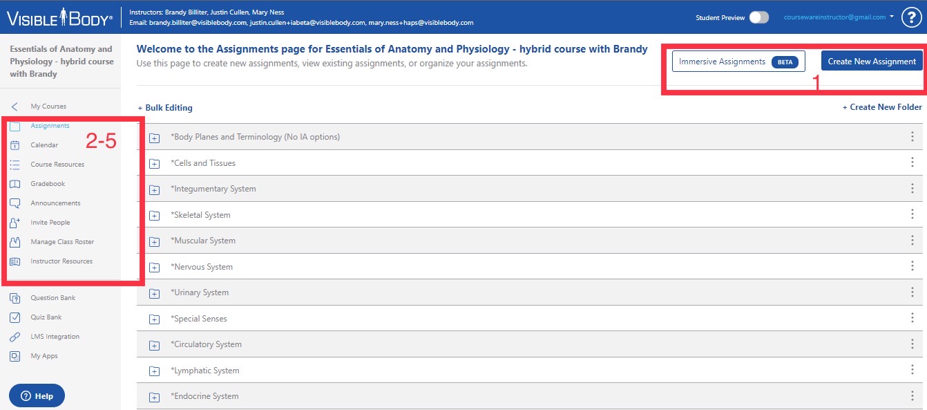 Instructor dashboard with Create New Assignment, Assignments, Calendar, Course Resources, Gradebook, Announcements, Invite People, Manage Class Roster, and Instructor Resources buttons highlighted.