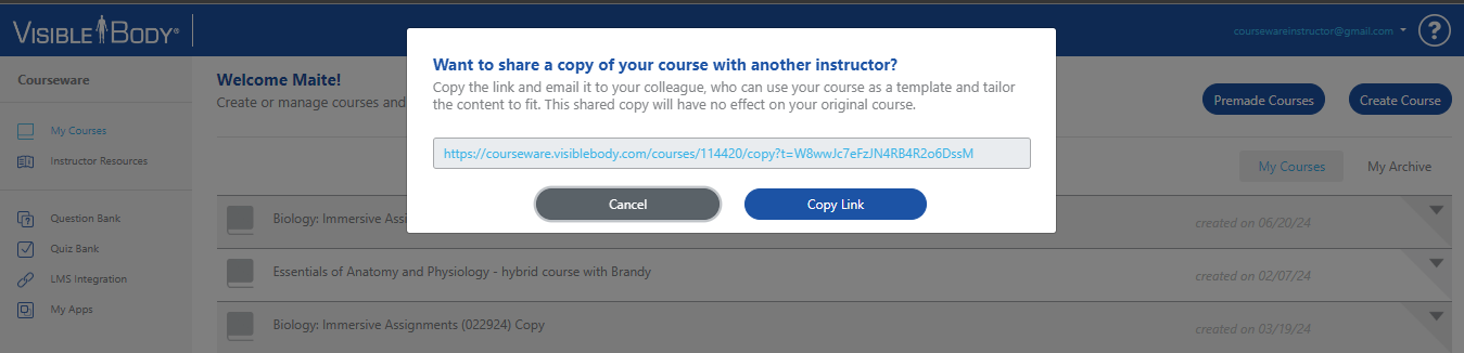 Want to share a copy of your course with another instructor? pop-up showing the course link and a Copy Link button.