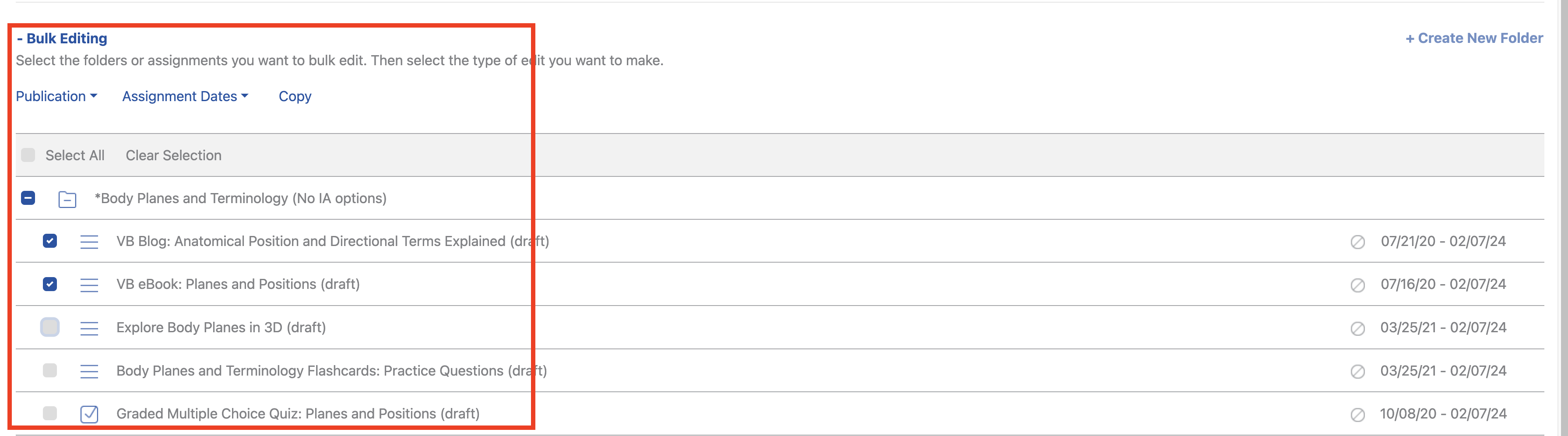 Bulk Editing menu with selected assignments