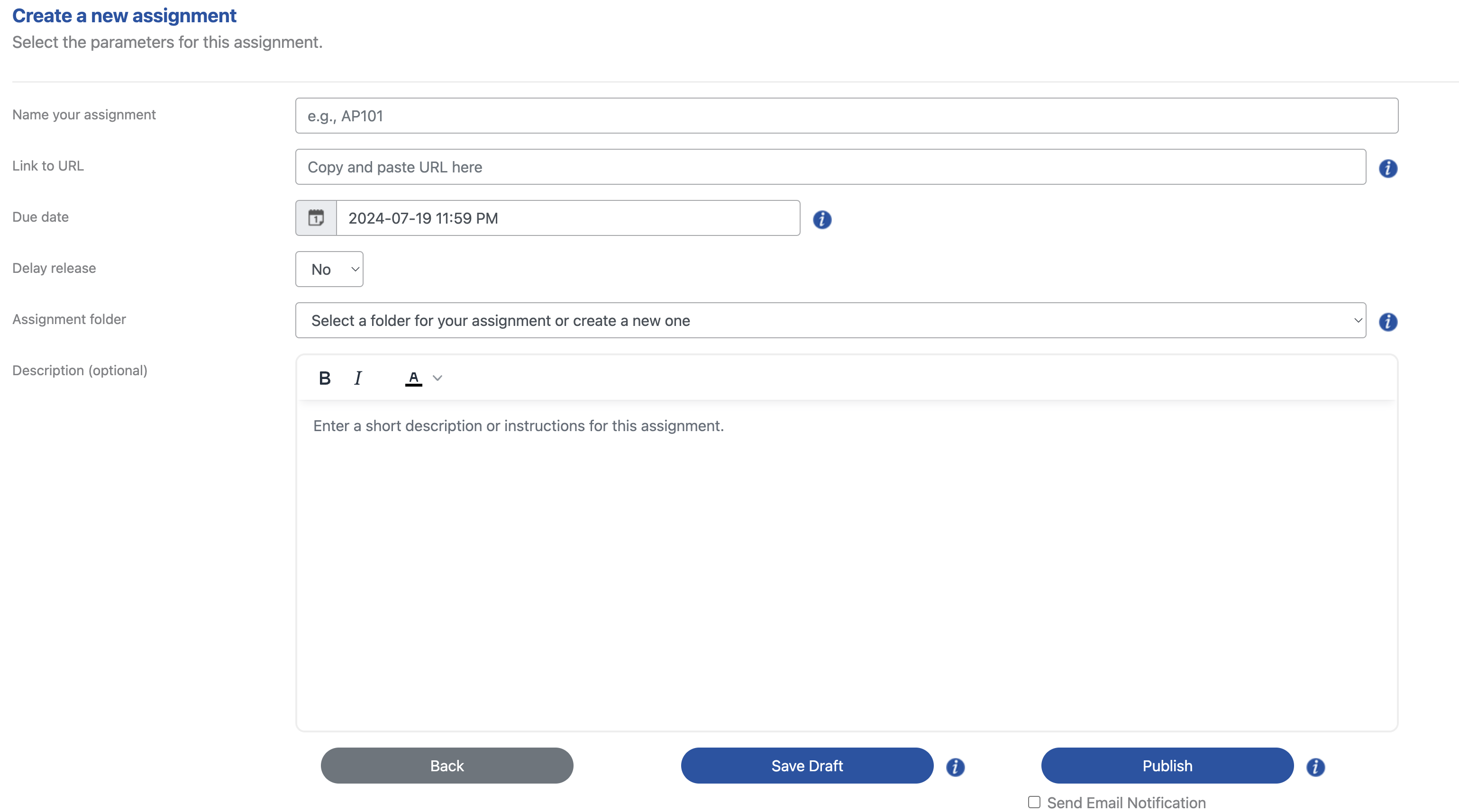Create a new assignment screen with Save Draft and Publish buttons