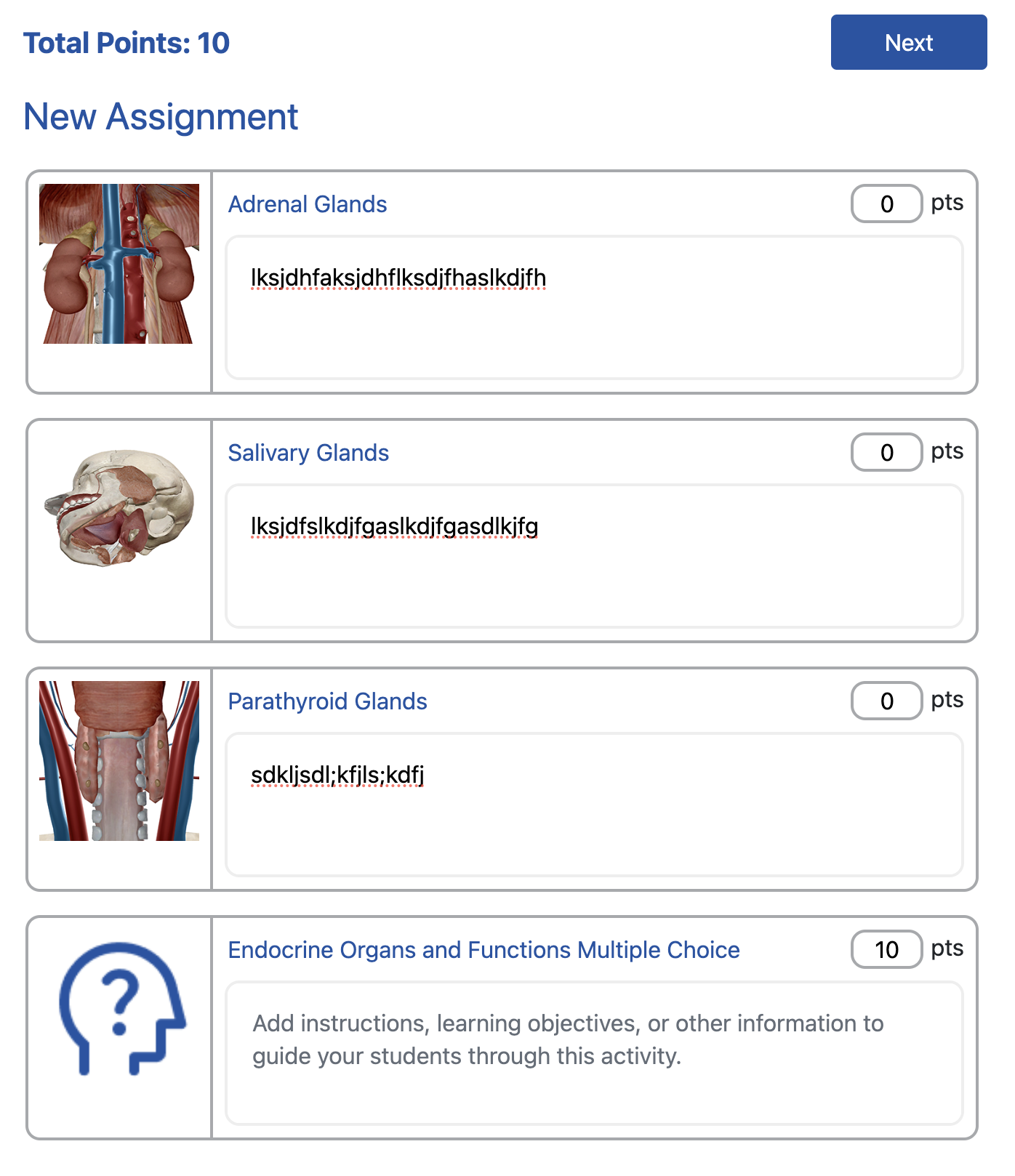 New Assignment page with fields for activity points and instructions
