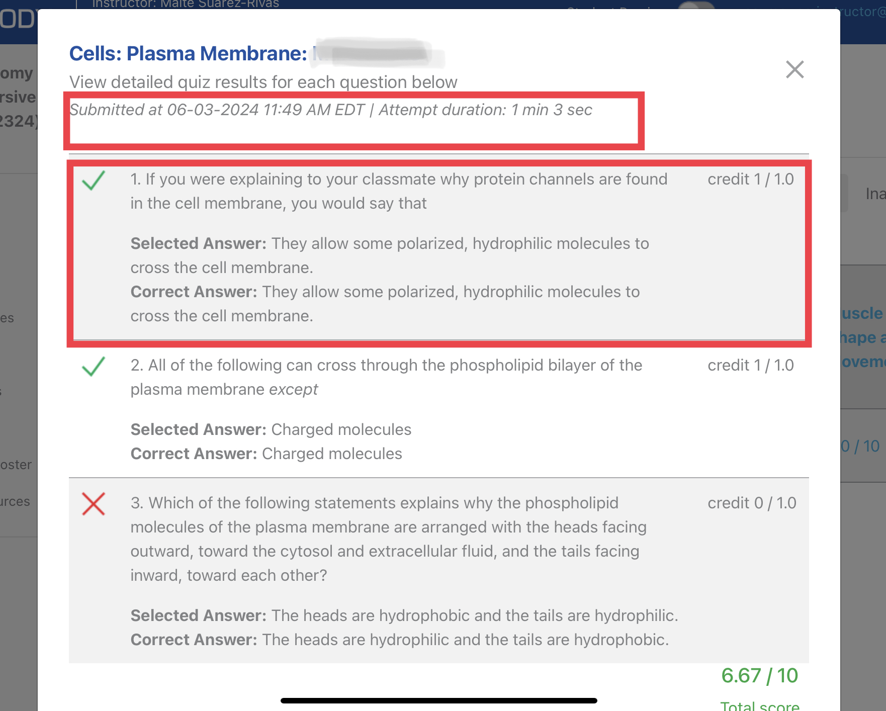 Quiz results showing when the quiz was submitted, time spent on the quiz, point earned on each question, the selected answer, and the correct answer