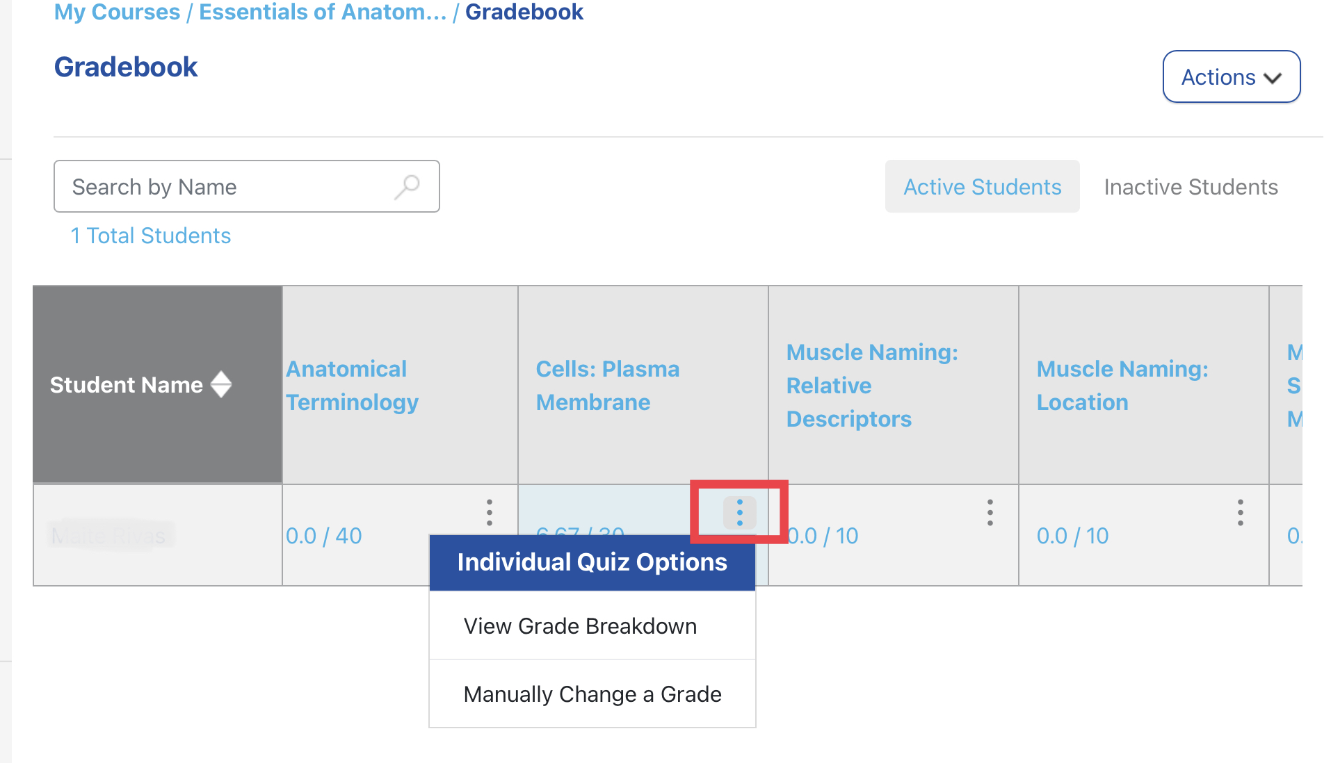 Gradebook quiz options include View Grade Breakdown and Manually Change a Grade