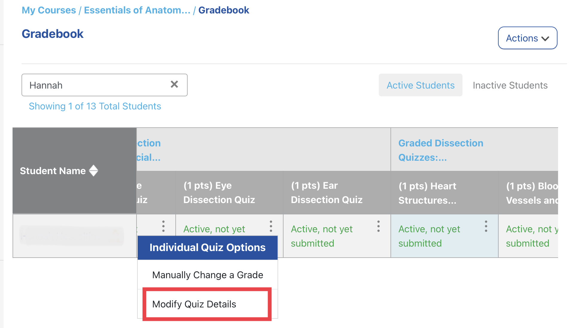 Modify Quiz Details highlighted on the Individual Quiz Options
