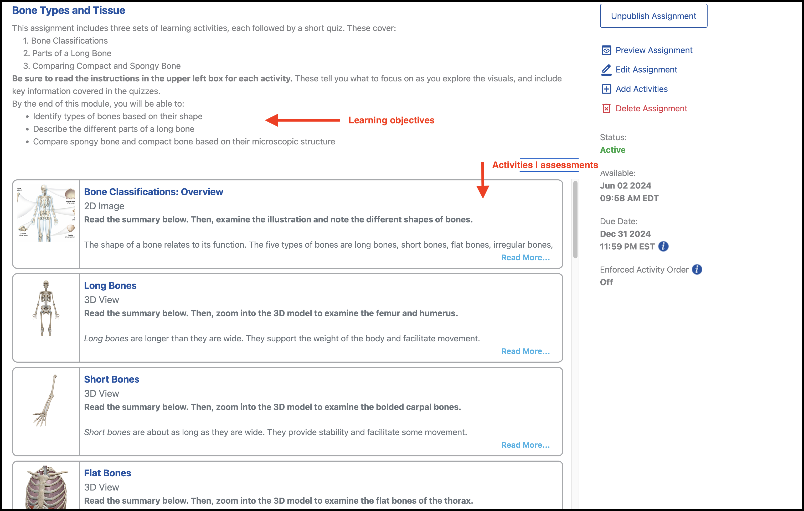 Assignment with learning objectives and activities/assessments