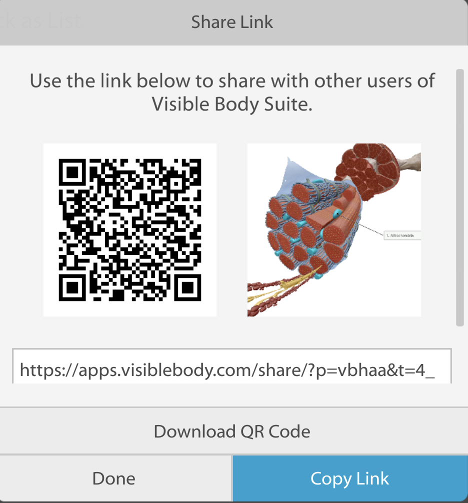 Share Link menu with URL and QR code