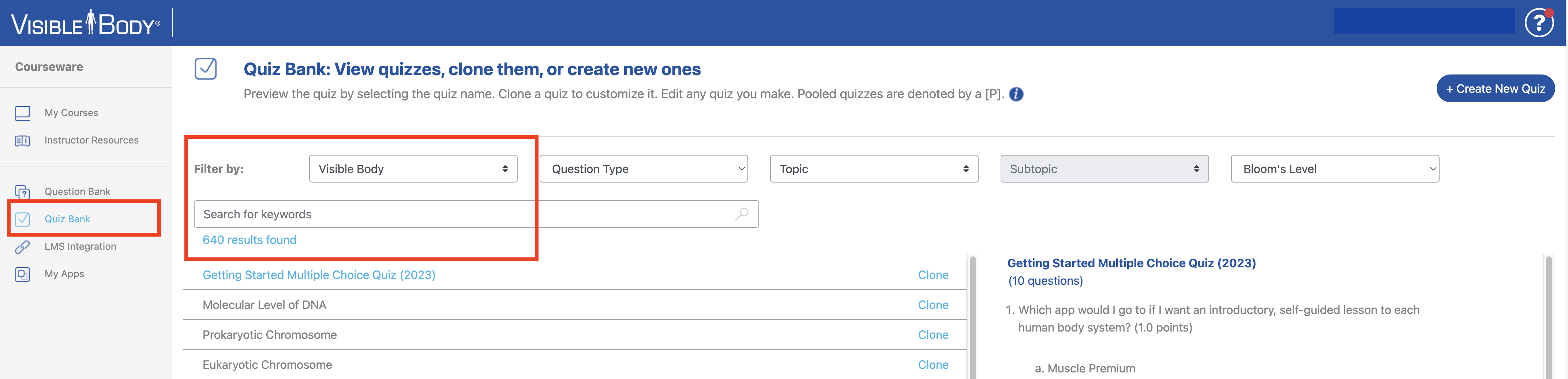Quiz Bank can be filtered or searched for quizzes