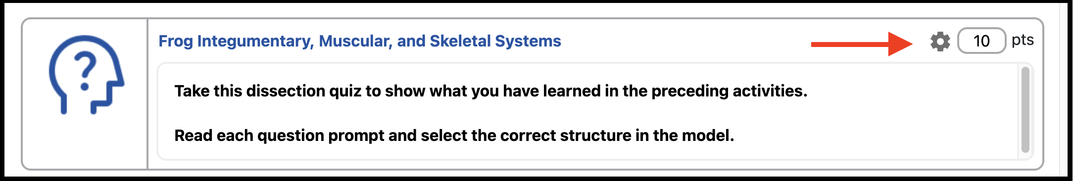 Setting icon is in the upper right of the quiz before the pts field
