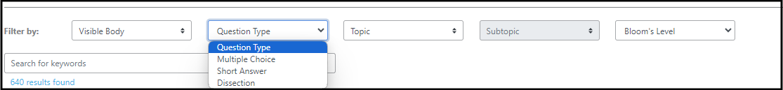 Quiz bank can be filtered by author, question type, topic, subtopic, Bloom's Level, and Search.