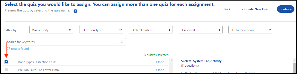 Selected quizzes are marked with a checkmark.