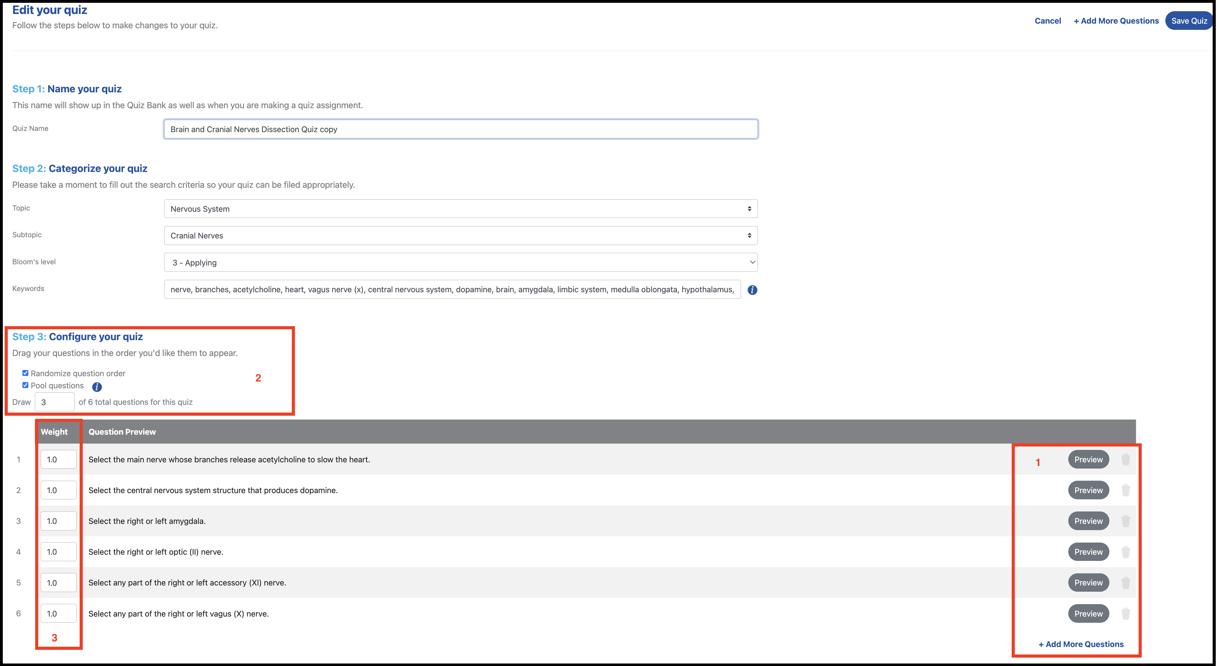 Configure your quiz step with Add More Questions, question order, and point value options highlighted.