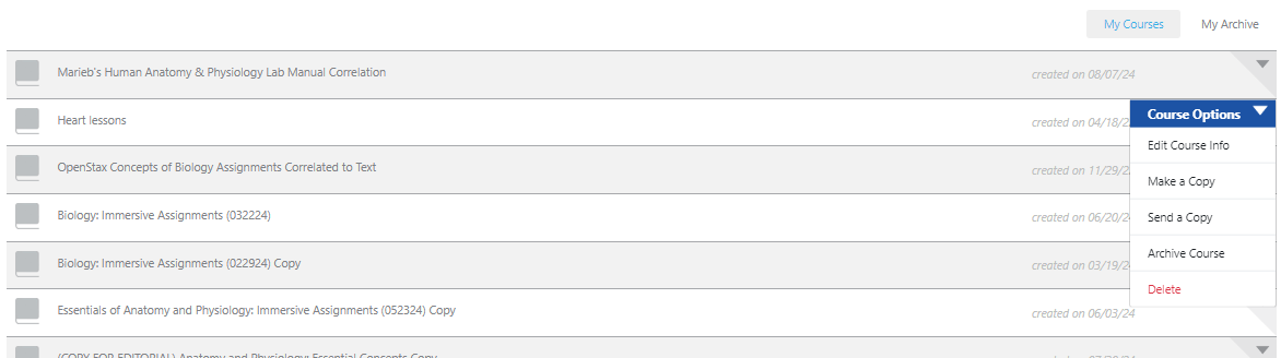 Course Options include Edit Course Info, Make a Copy, Send a Copy, Archive Course, Delete Course