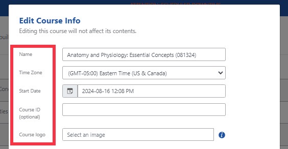 Edit Course Info menu with Name, Time Zone, Start Date, Course ID (optional), and Course logo fields.