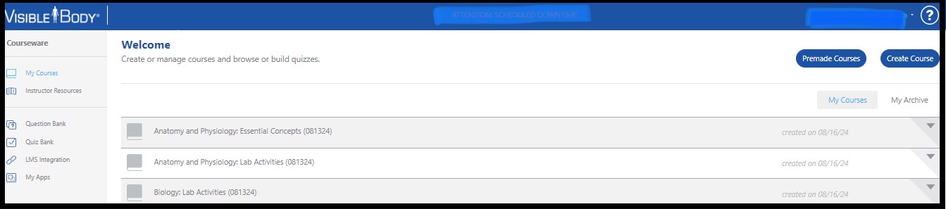Welcome page showing three premade courses.