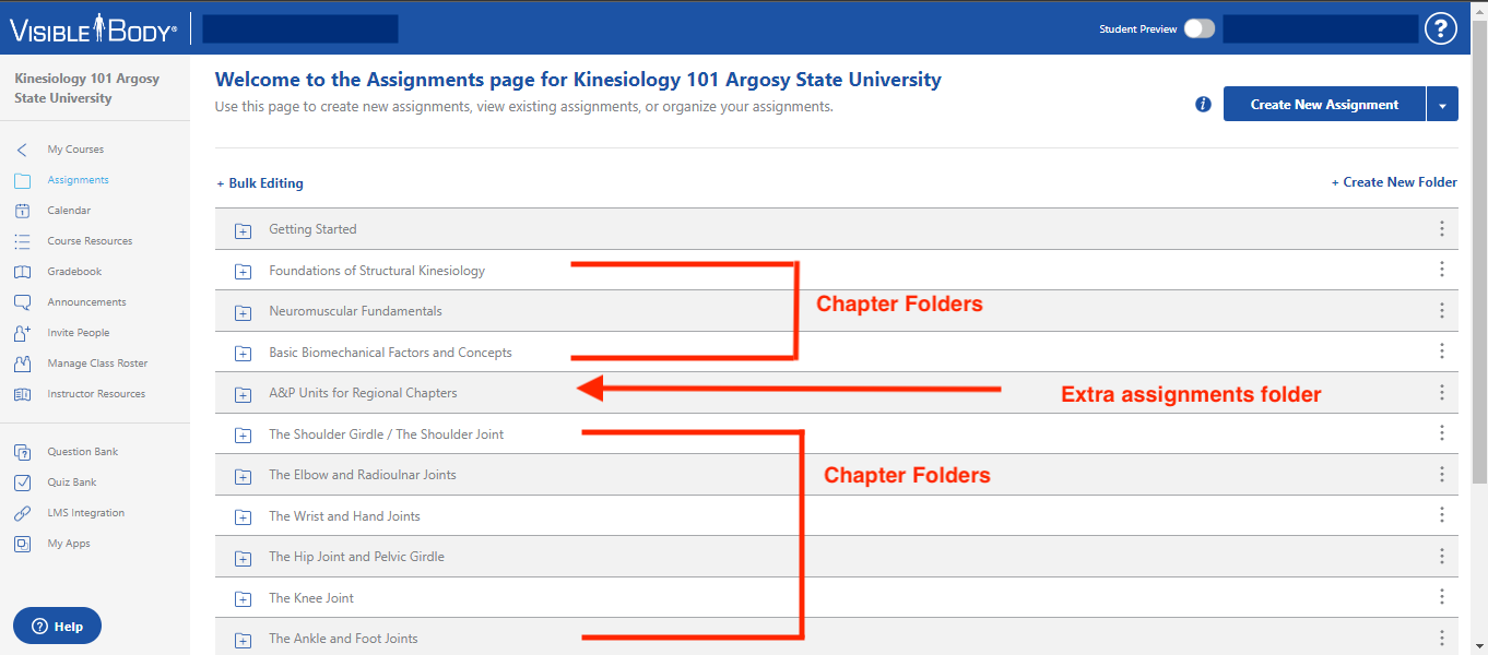 Assignments page with chapter folders