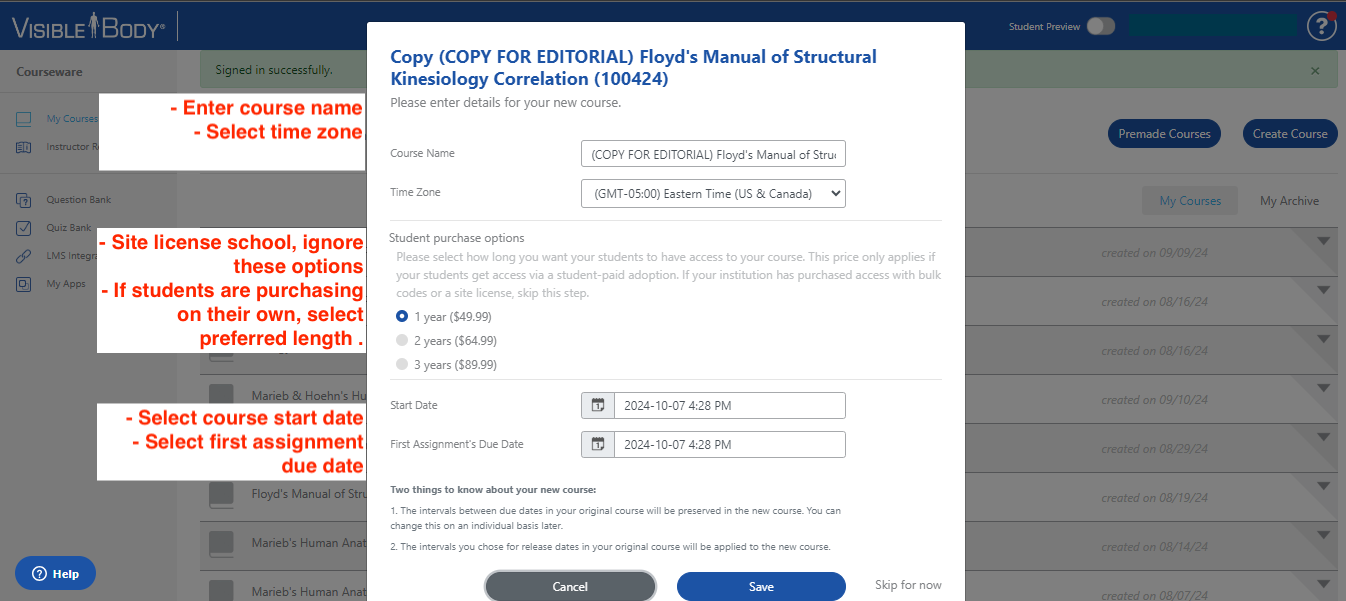 Course information page with fields for Course Name, Time Zone, Student Purchase Options, Start Date, and First Assignment's Due Date