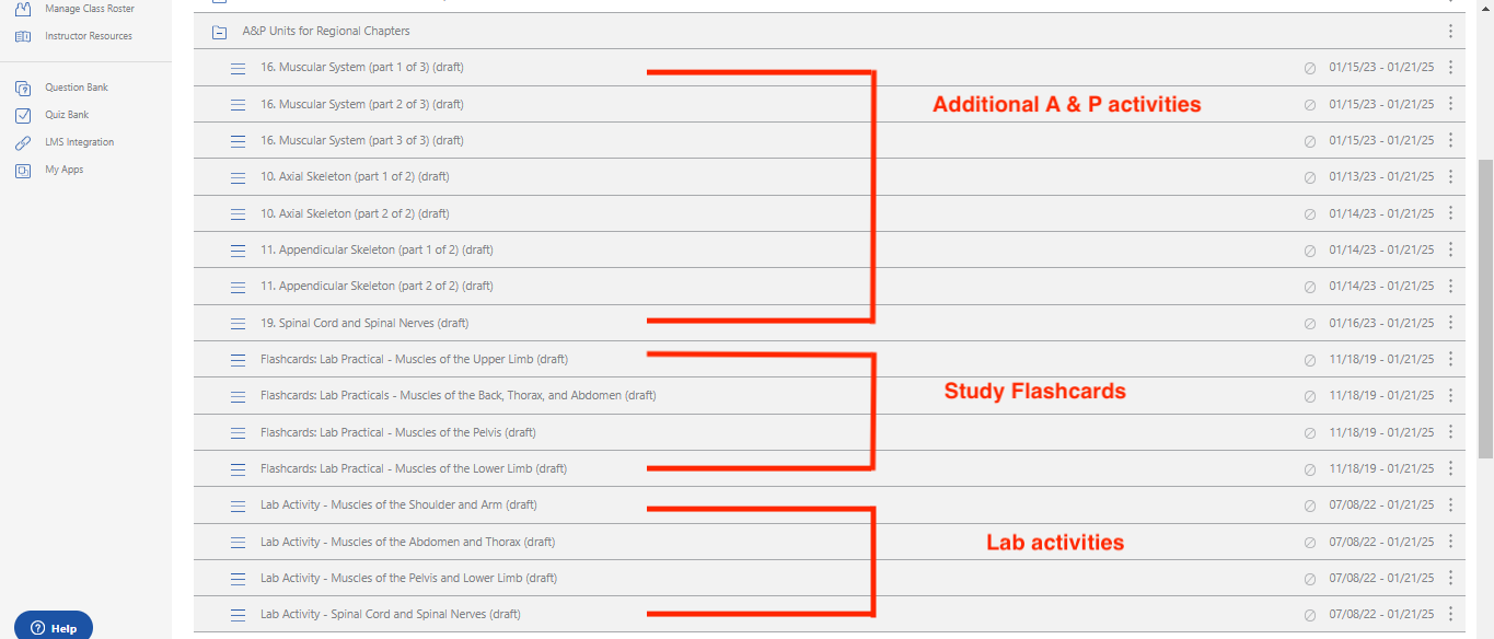 Assignments page with additional activiites, flashcards, and lab activities