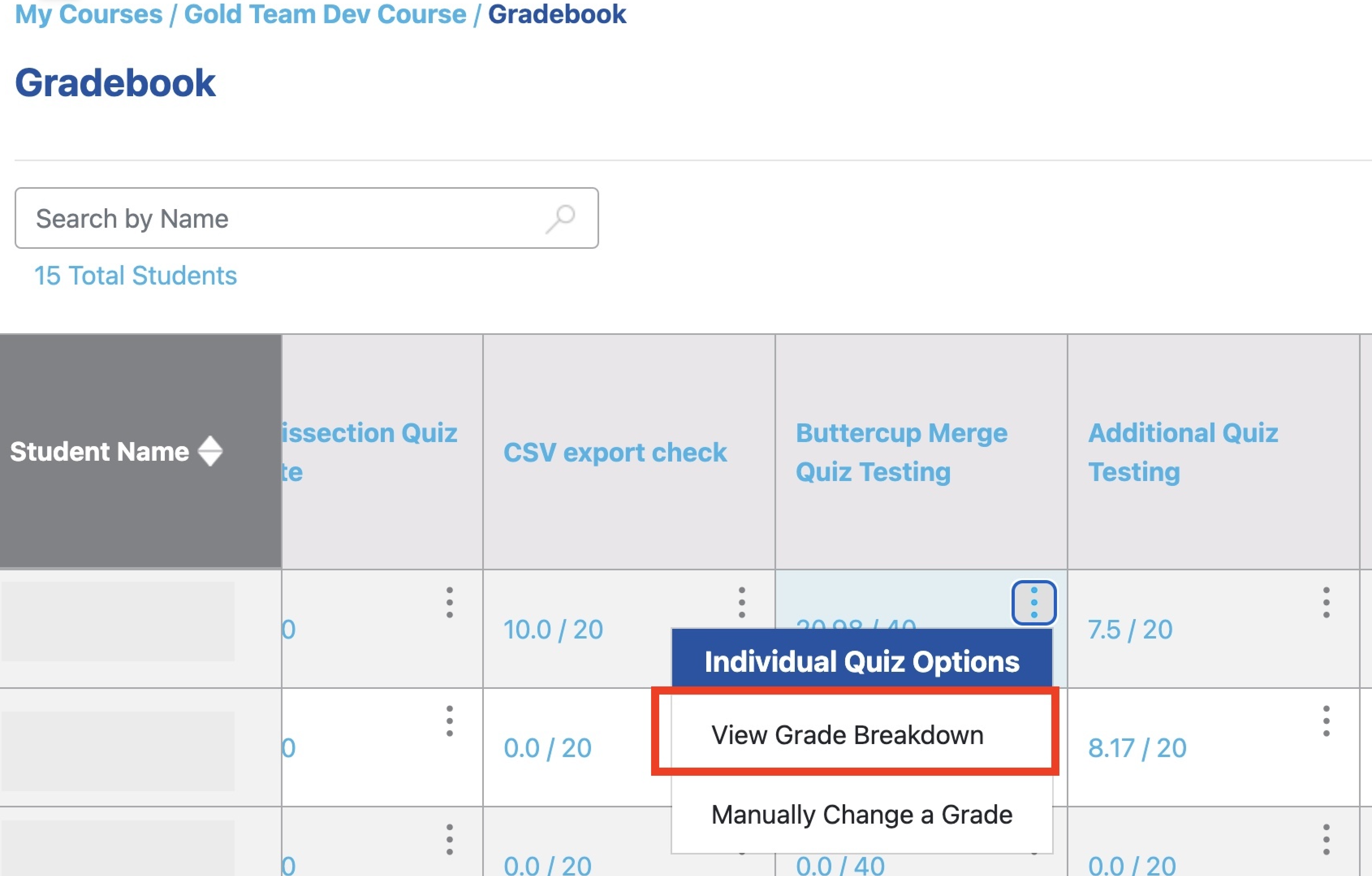 View Grade Breakdown highlighted on the Individual Quiz Options