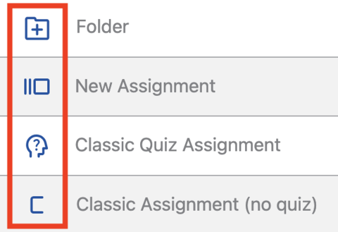 The icon for Folder is a folder; the icon for New Assignment is two vertical lines and a square; the icon for Classic Quiz Assignment is a head with a ?; the icon for Classic Assignment (no quiz) is a square with no right side.