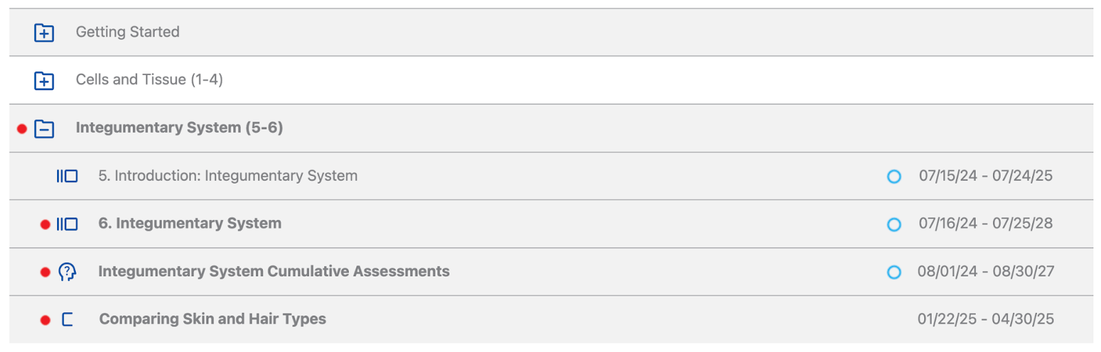 Assignment list where unopened assignments have red dots next to the titles, and unstarted assignments have blue circles next to the dates.
