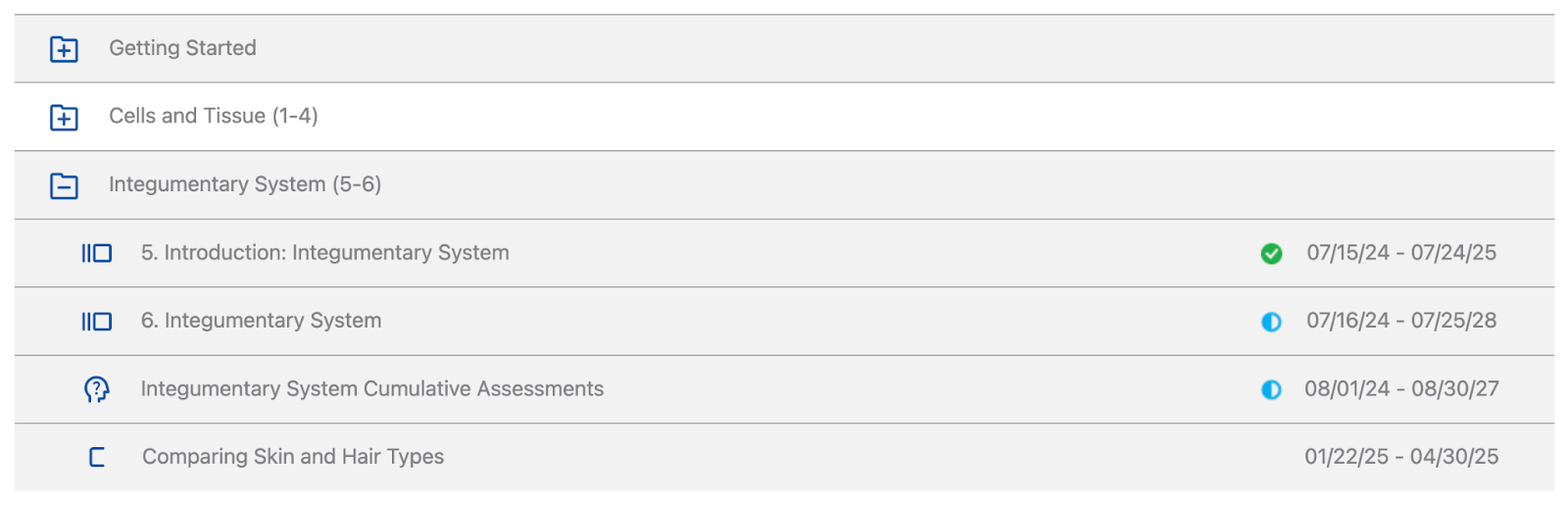 Assignments list; the submitted assignment has a green check and the partially completed assignments have blue half-circles.