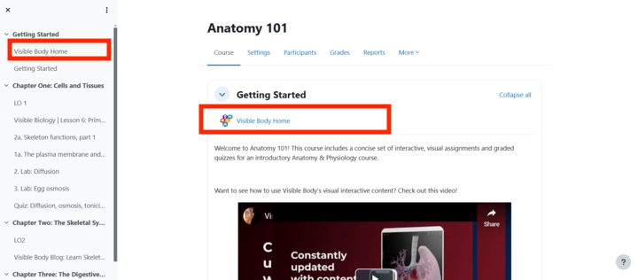 Moodle links to Visible Body in the sidebar under Getting Started and on the Course tab under Getting Started.
