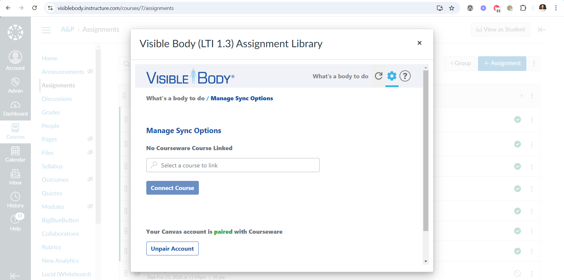 Manage Sync Options has the options to Connect Course and Unpair Account