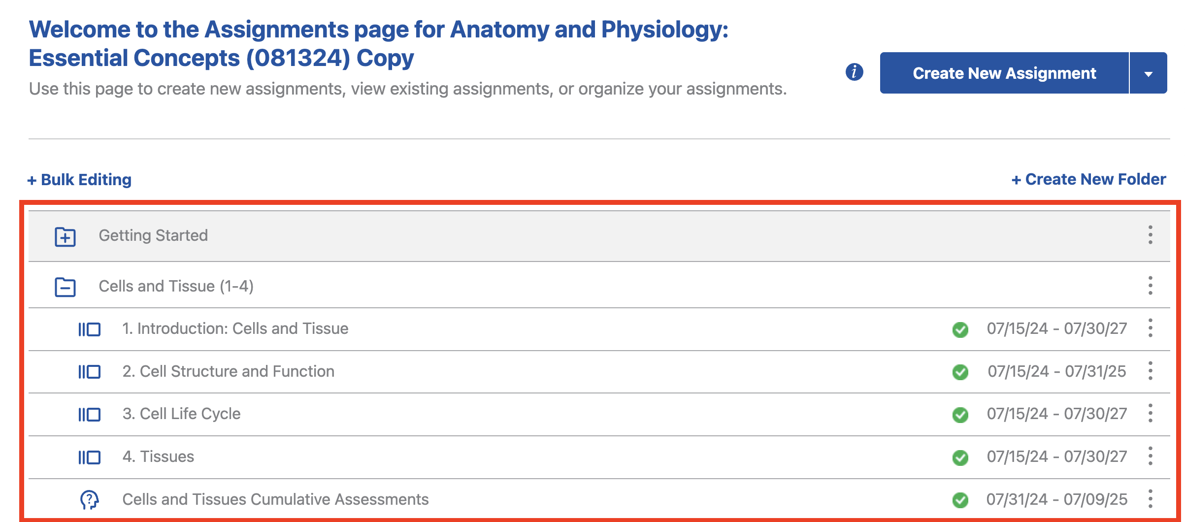 Assignments page with assignments list.