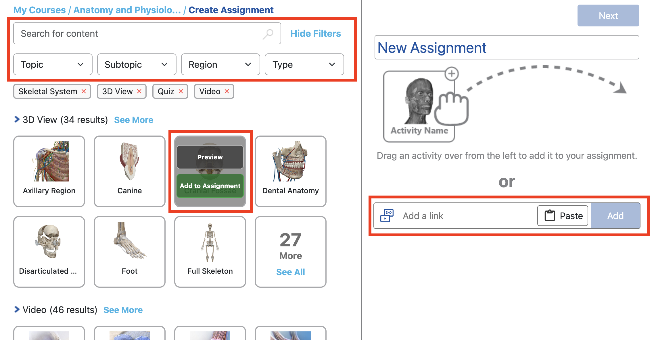 Content selection menu with the options to search for content, filter Visible Body content, or add a link to your own content.