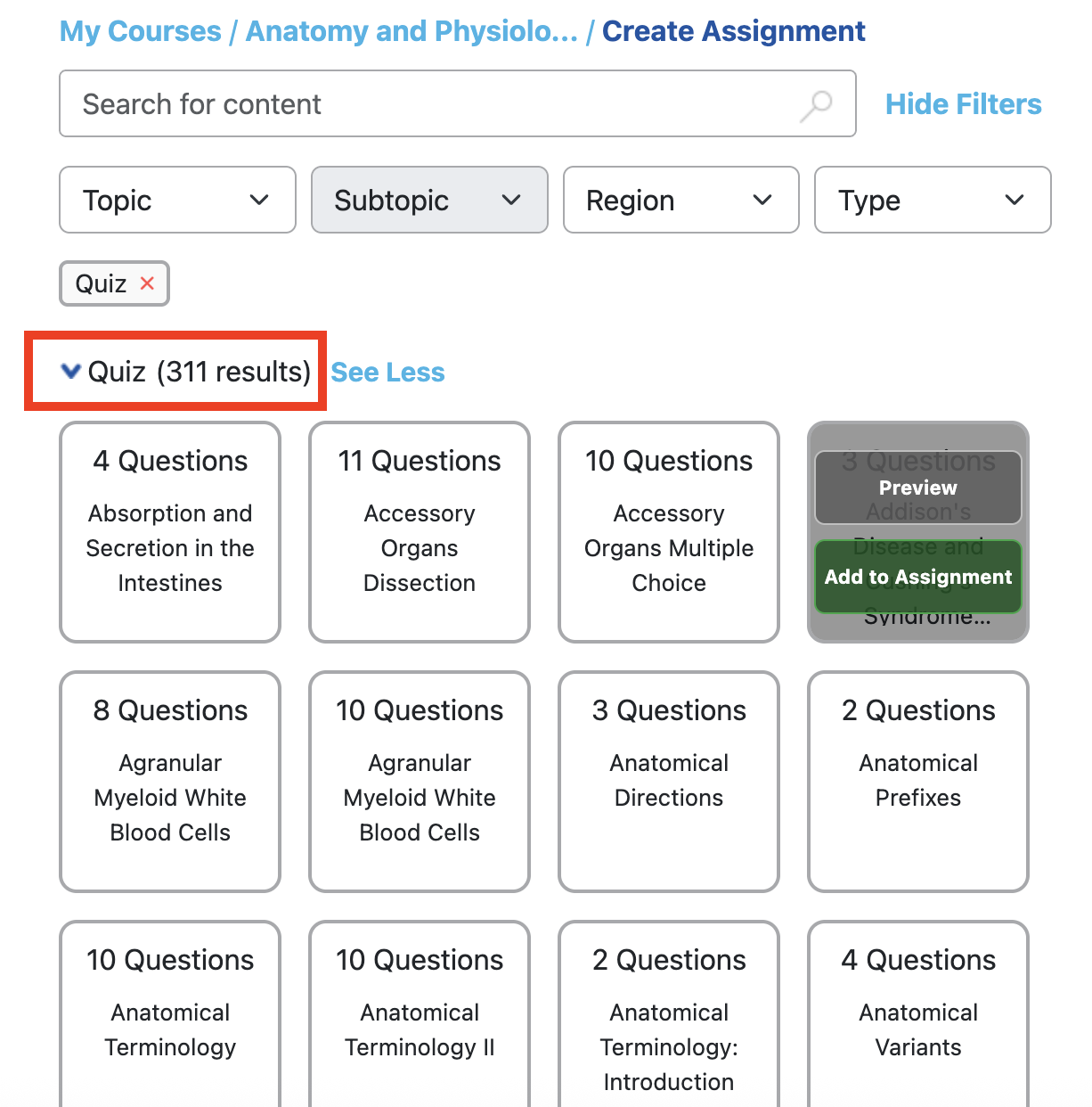 Quizzes listed on the Create Assignments page. A quiz can be previewed or added to the assignment.