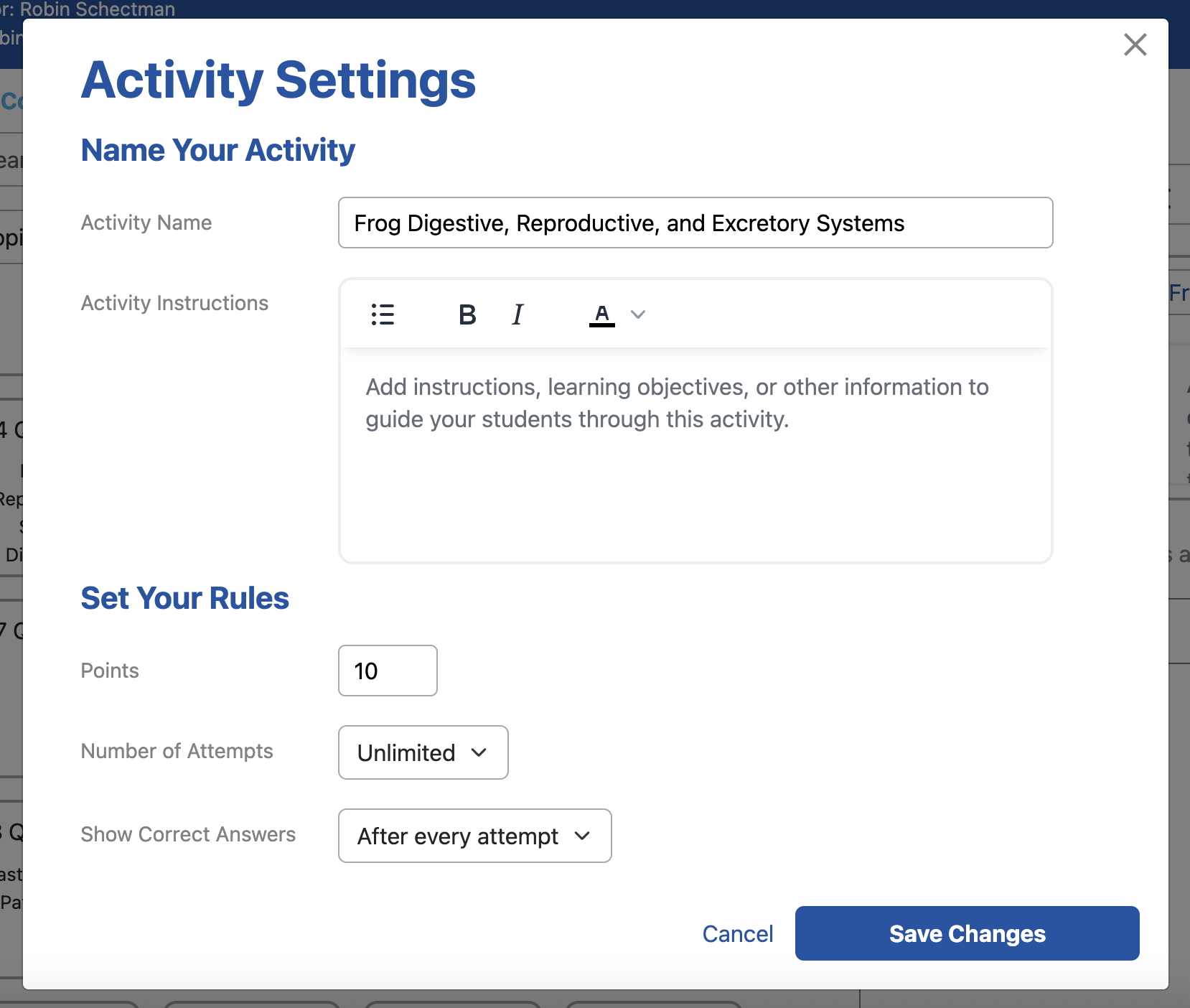 Activity Settings menu with fields for Activity Name, Activity Instructions, Points, Number of Attempts, and Show Correct Answers