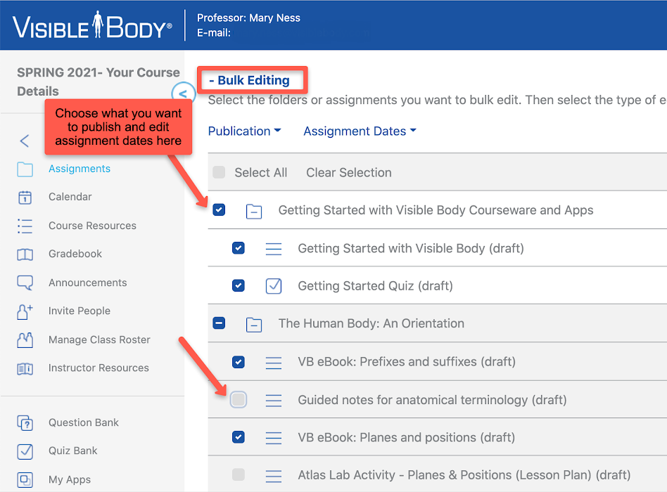 Bulk Editing page with selected assignments