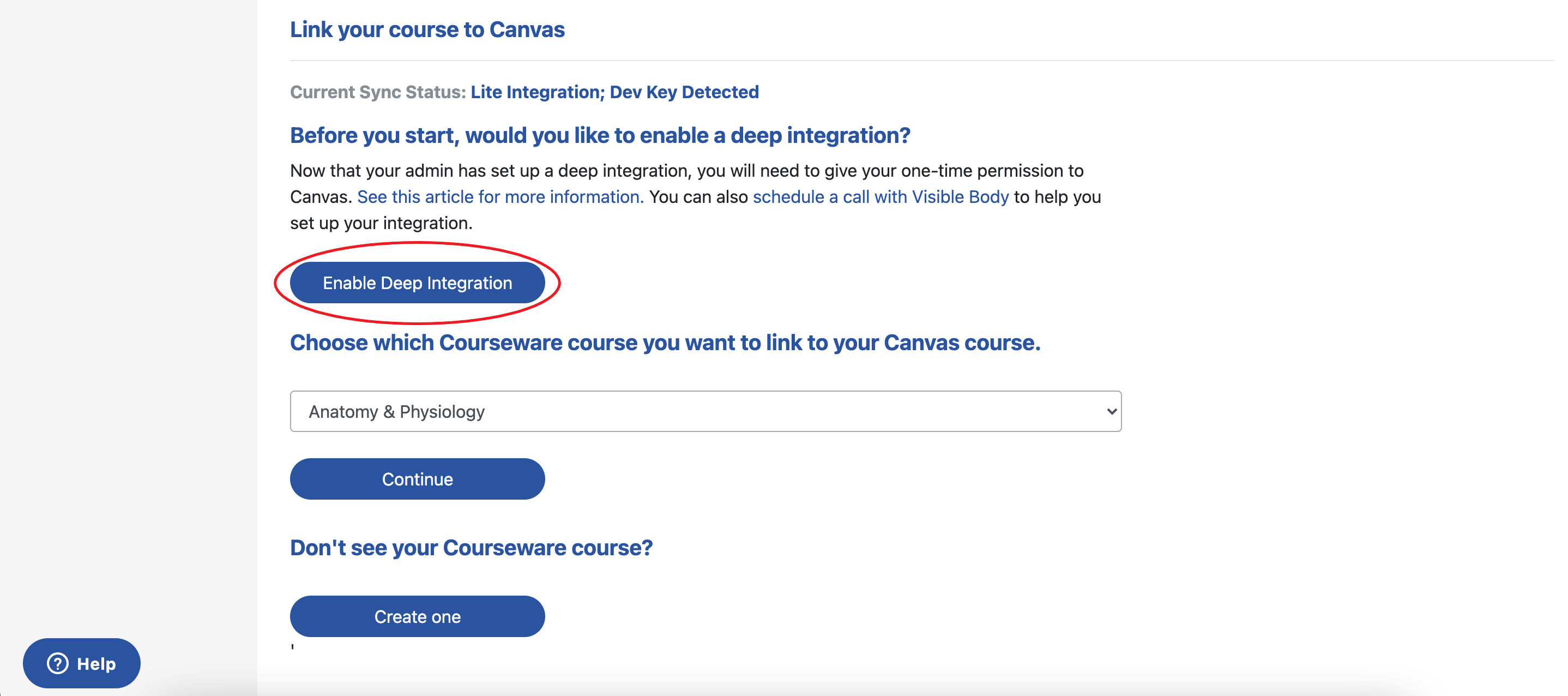 Link your course to Canvas page with Enable Deep Integration button