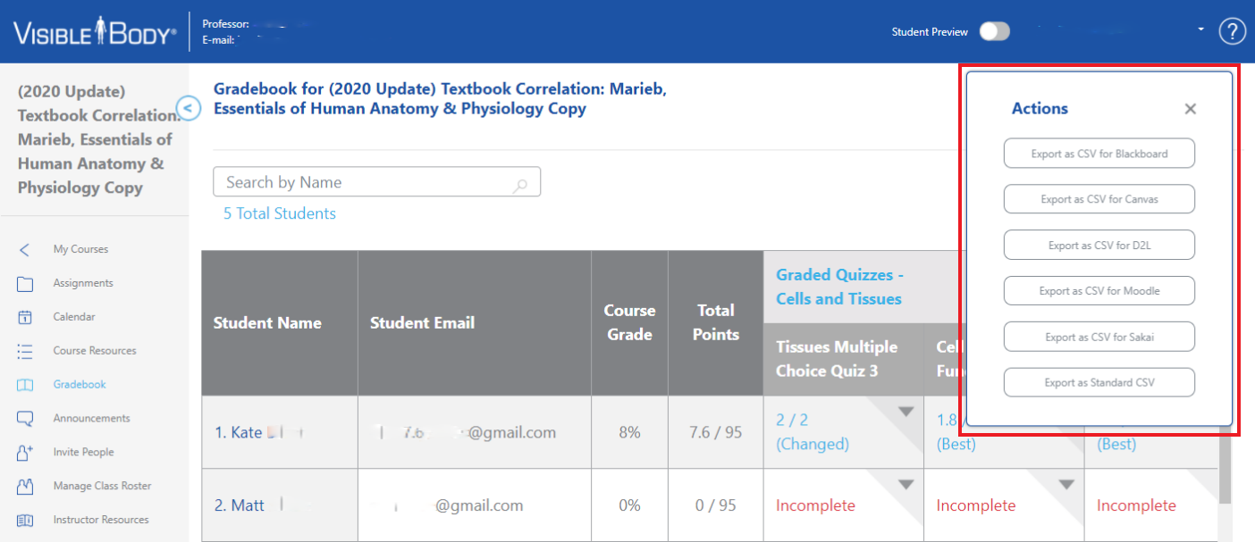 Actions include Export as CSV for: Blackboard, Canvas, D2L, Moodle, Sakai; and Export as Standard CSV