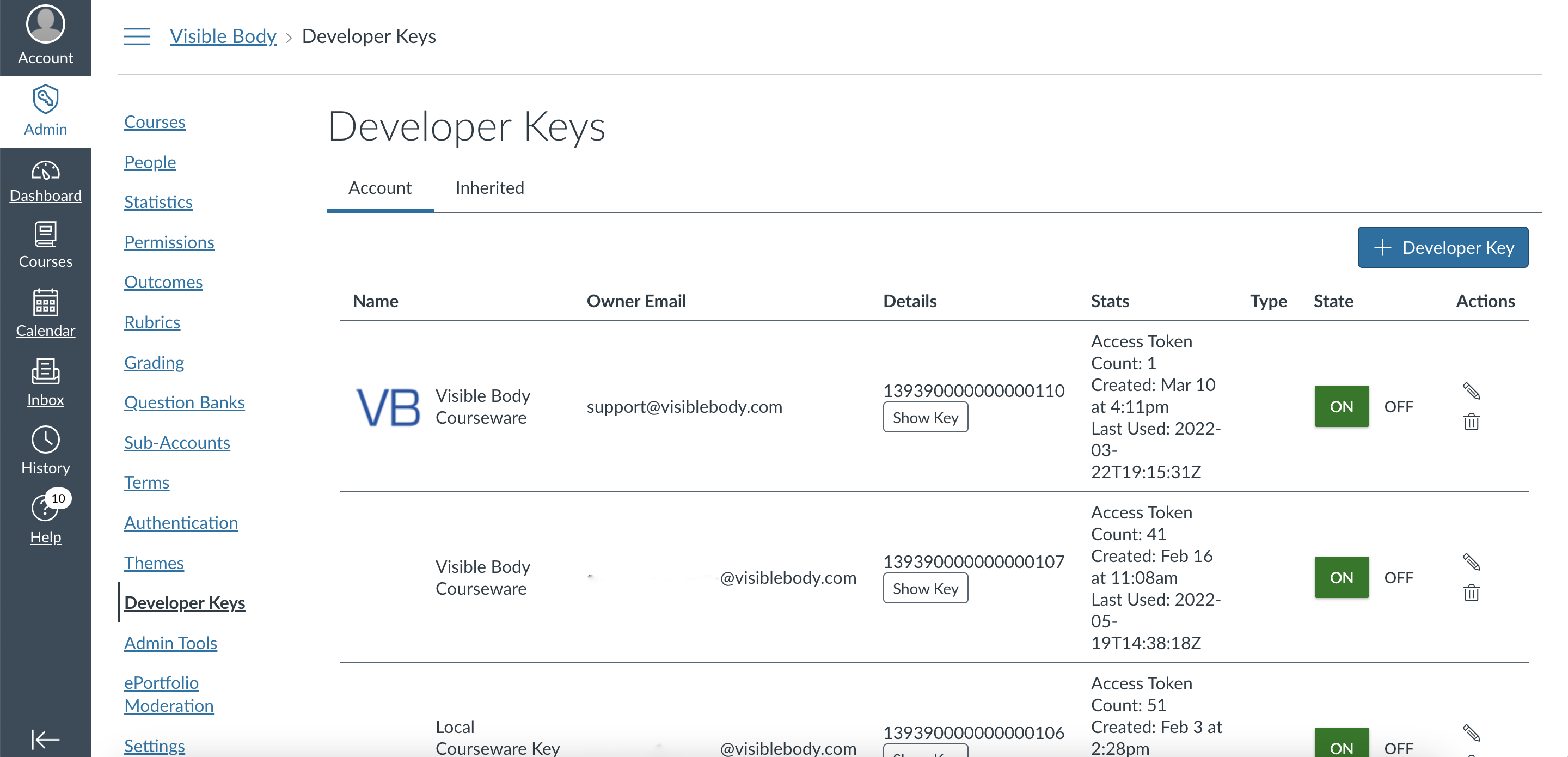 Developer Keys page with + Developer Key button in the upper right