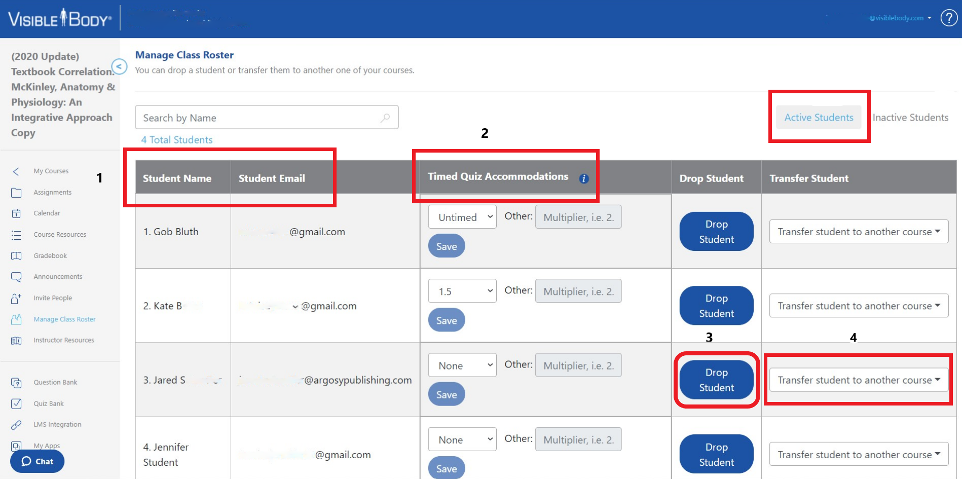 Roster with student name and email, accommodations, drop student, and transfer student columns