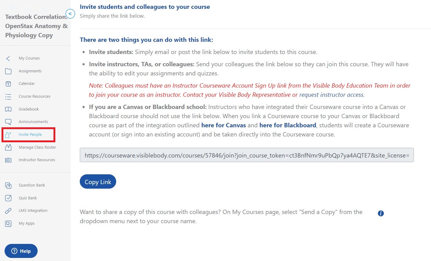 Invite People page includes a course link, Copy Link button, and instructions to share the link with your students or colleagues.