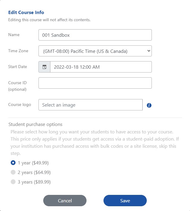 Edit Course Info menu with fields for course Name, Time Zone, Start Date, Course ID (optional), Course Logo, and Student Purchase Options.