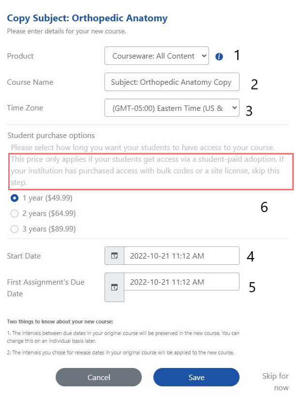 Copy Subject page with Product, Course Name, Time Zone, Student Purchase Options, Start Date, and First Assignment's Due Date fields