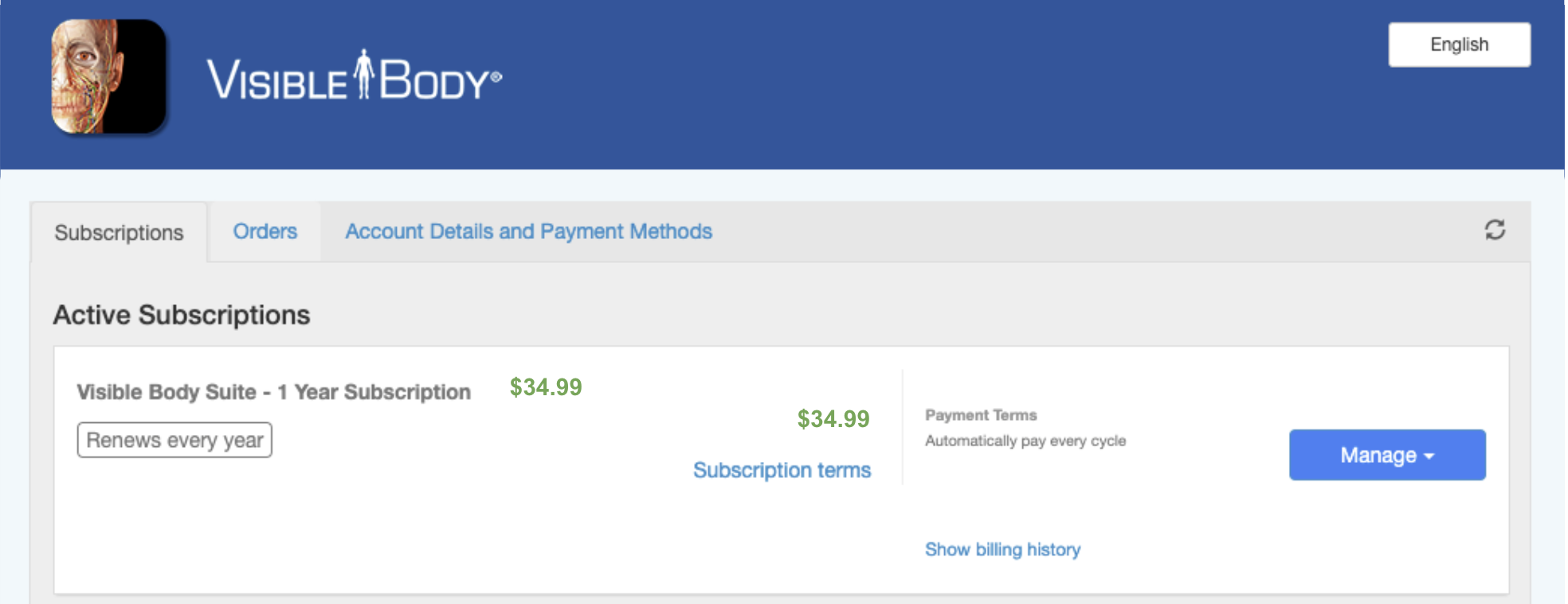 Visible Body Subscriptions page showing active subscription details and Manage button.