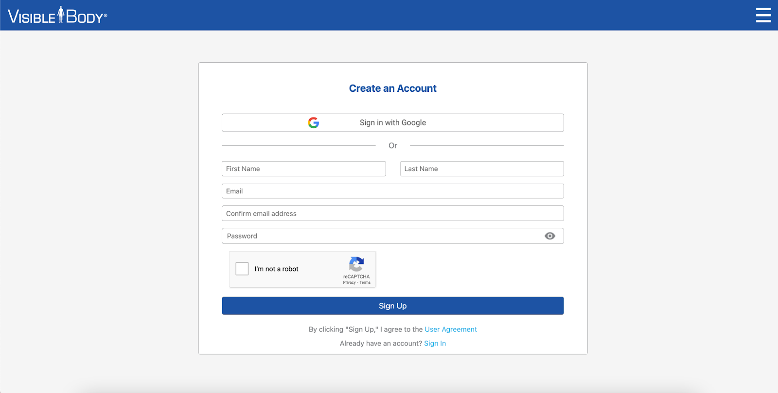 Create an Account menu with the option to Sign in with Google or create a new account.