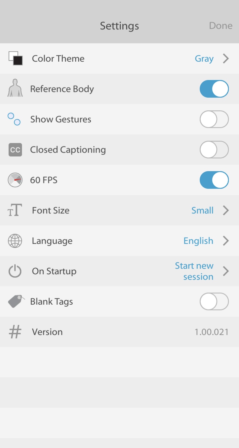 Settings menu with options for Color Theme, Reference Body, Show Gestures, Closed Captioning, 60 FPS, Font Size, Language, On Startup, and Blank Tags.