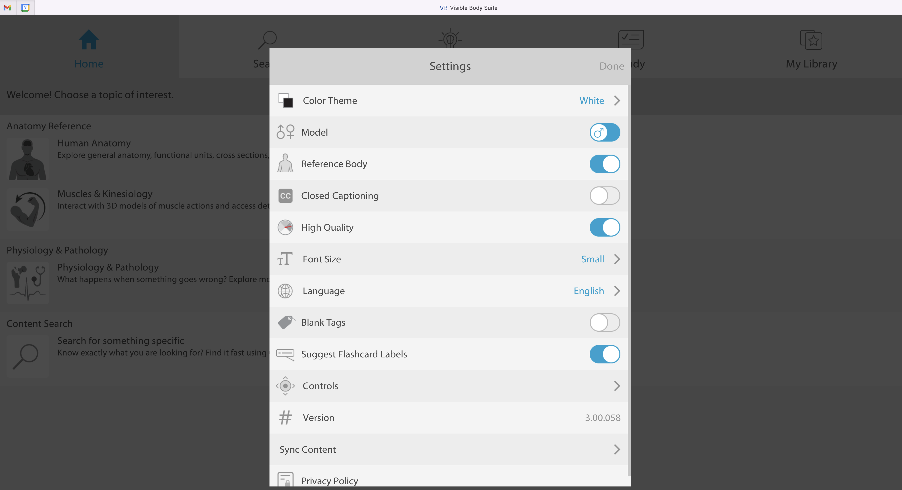 Settings menu with Color Theme, Model, Reference Body, Closed Captioning, High Quality, Font Size, Language, Blank Tags, Suggest Flashcard Labels and Controls Sync Content options
