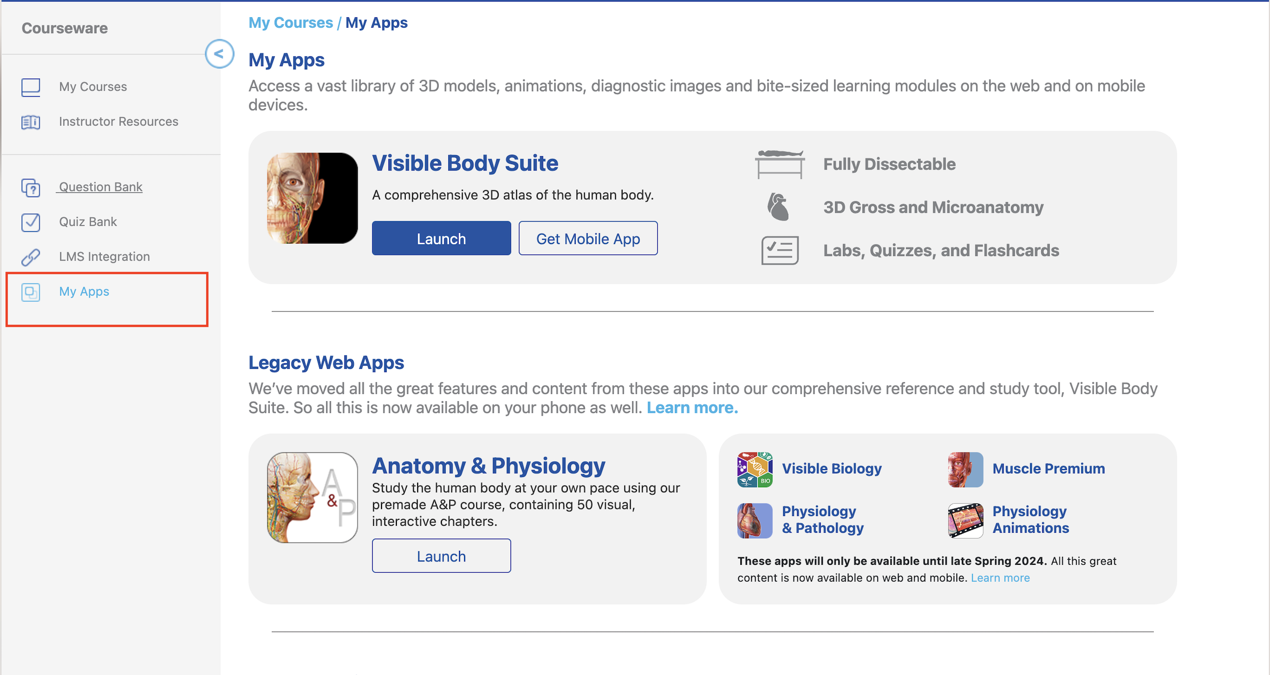 Visible Body Suite web and mobile links on My Apps.