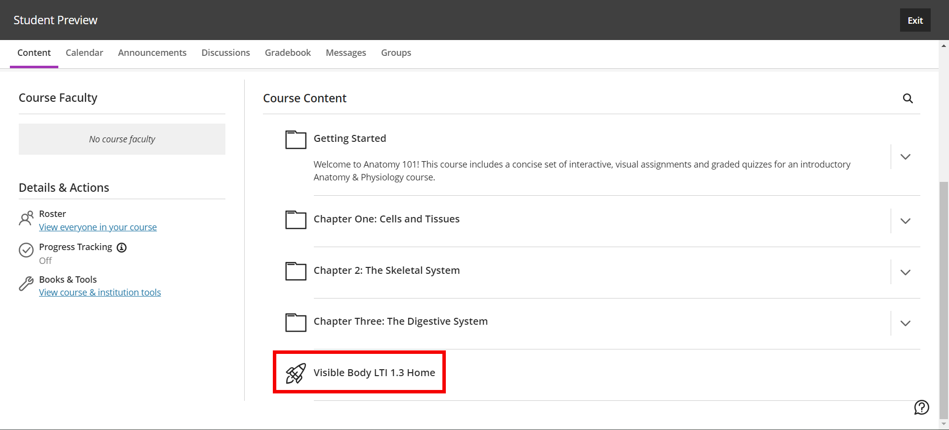 Blackboard links to Visible Body under Course Content.
