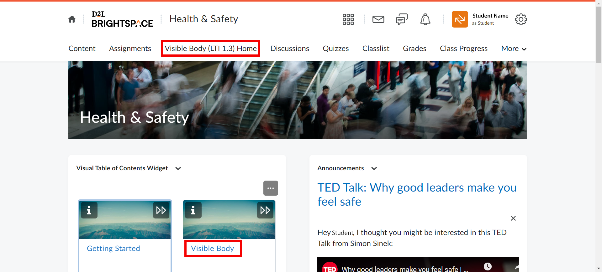 D2L/Brightspace links to Visible Body in the menu at the top of the page and in the Visual Table of Contents Widget.