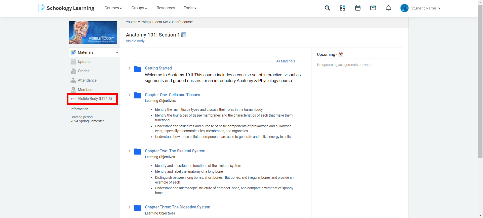 Schoology links to Visible Body in the sidebar menu.