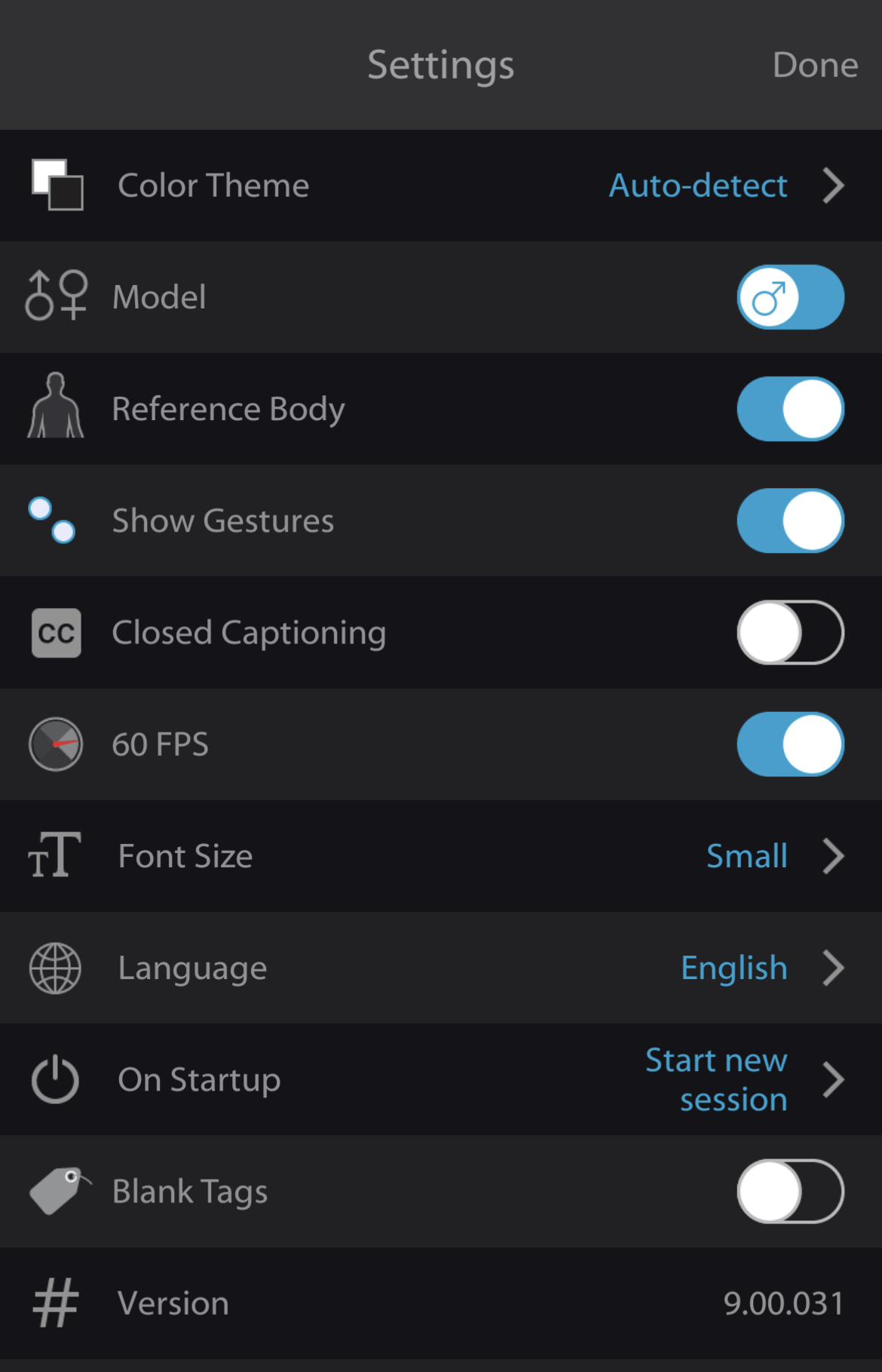 Settings include Color Theme, Male/Female model, Reference Body, Show Gestures, Closed Captioning, 60 FPS, Font Size, Language, On Startup, Blank Tags.